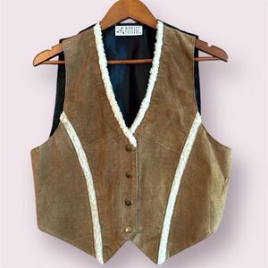 MIDWEST TRADERS Vtg Leather Vest With Sherpa Trim